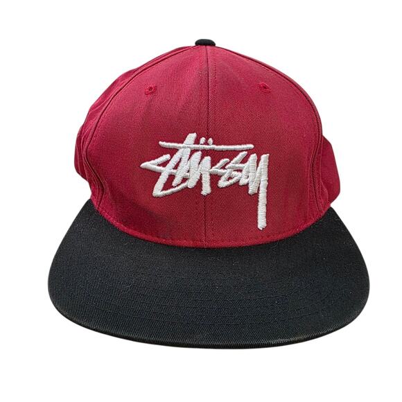 Vintage Stussy Capz SnapBack Hat Red Black Embroidered Two Tone Trucker Spellout - Picture 1 of 9